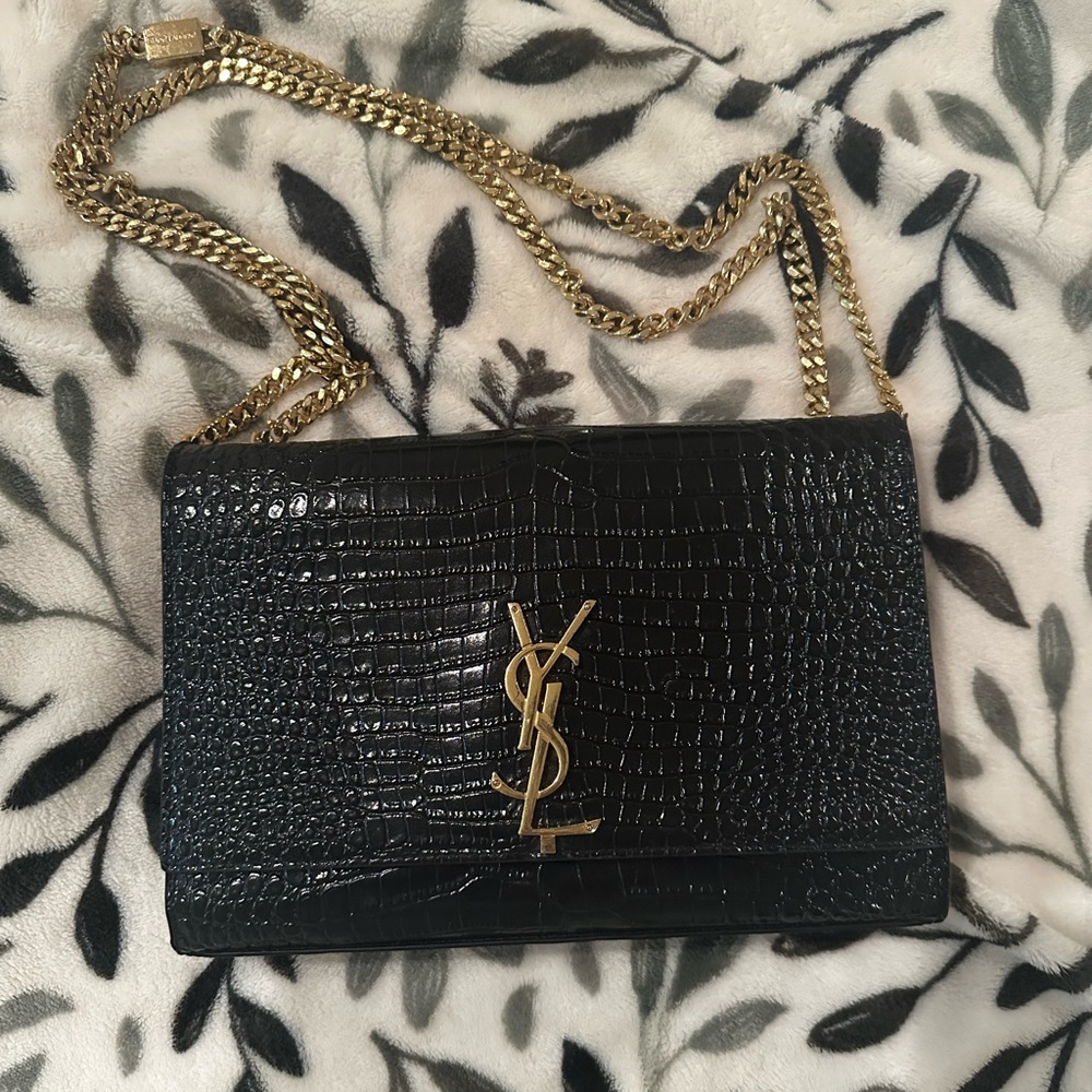 Yves Saint Laurent Black Croc-Embossed Leather with Gold Accents- Authentic